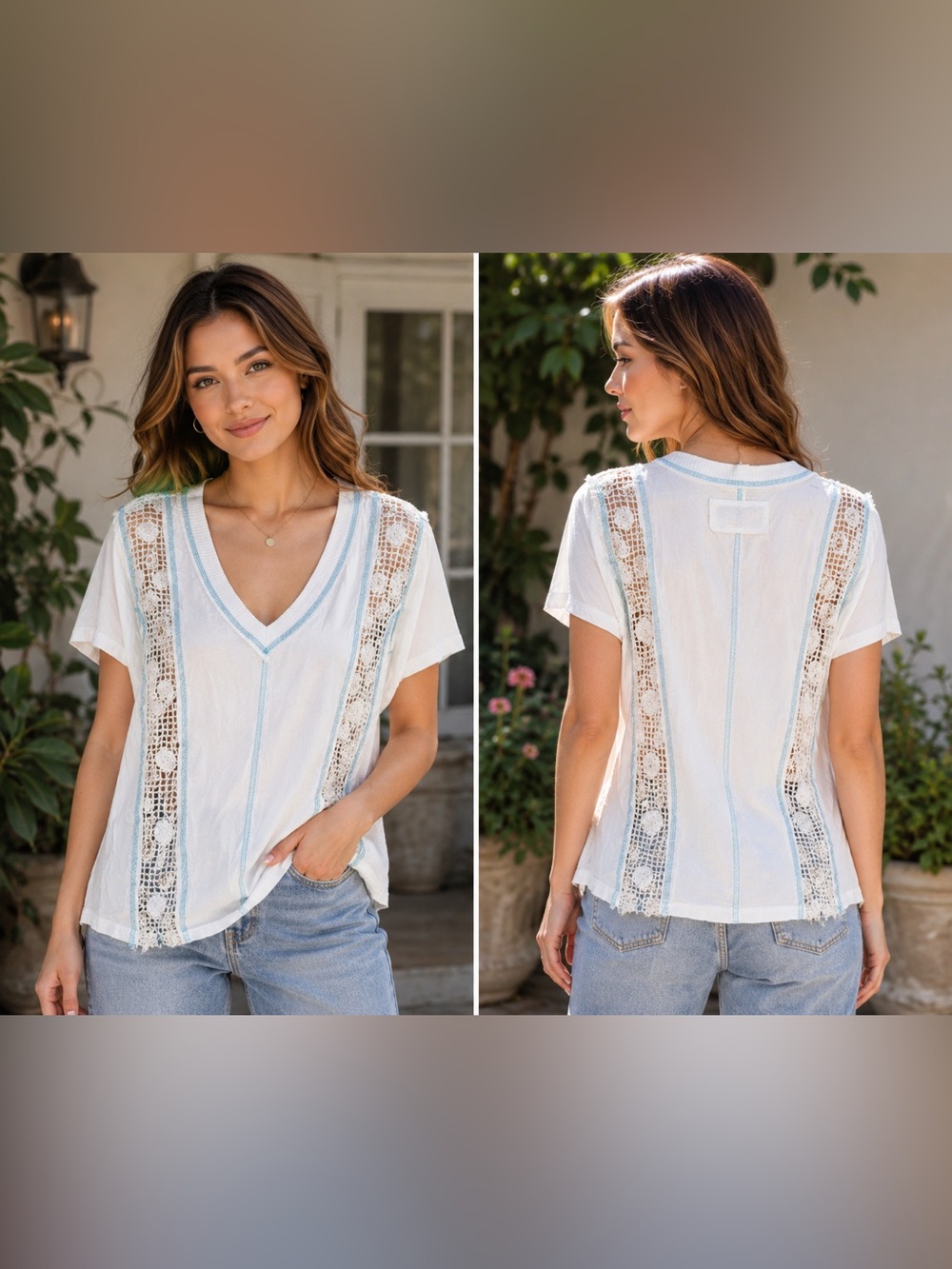 POL White Crochet Lace Aqua Stitch Boho Top Small